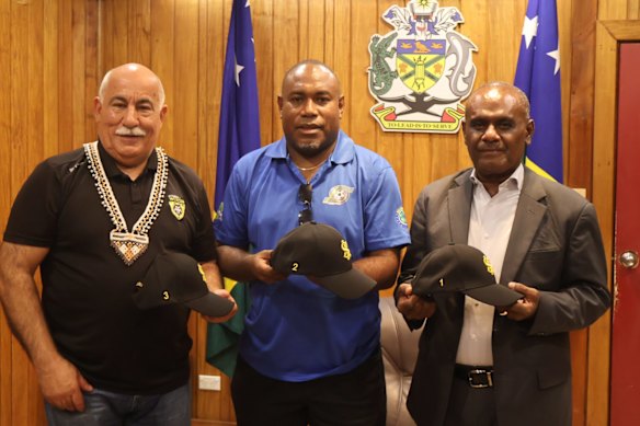 Wynnum Wolves president Rabieh Krayem meeting with SIFF president Donald Marahare and Solomon Islands Prime Minister Jeremiah Manele.