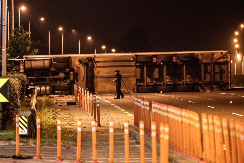 The scene of a fatal crash on the N7 westbound near Rathcoole in Dublin after an articulated truck collided with two cars. The truck driver was pronounced dead at the scene. Photo: Damien Storan.