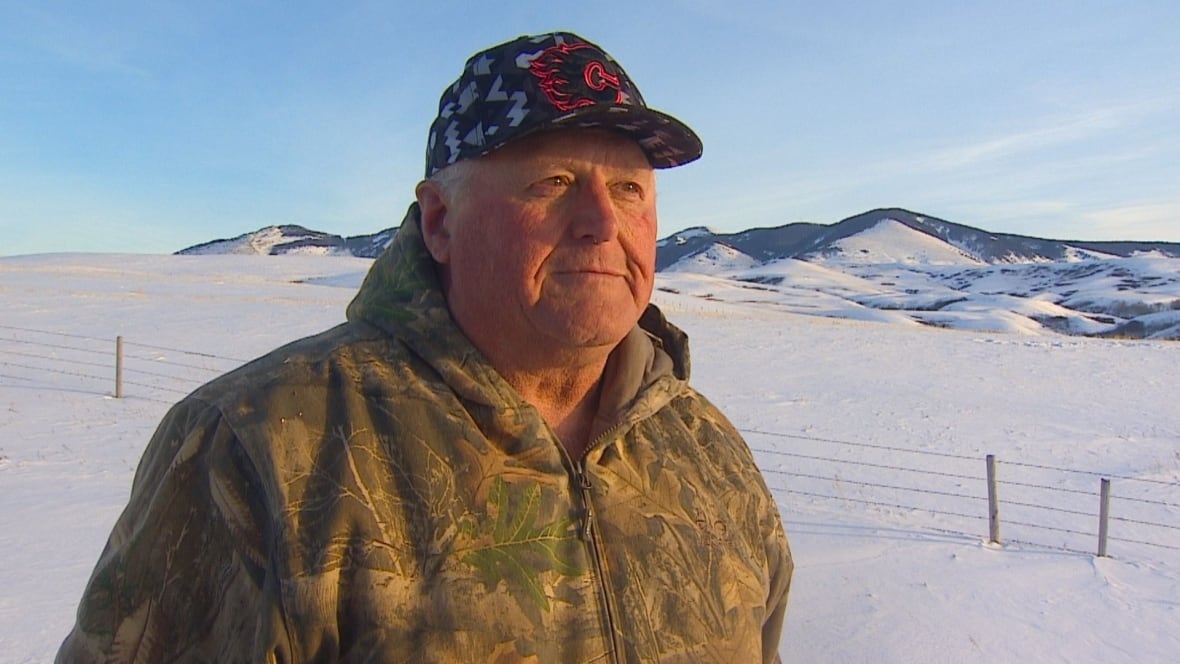 A man wears a Calgary Flames hat and a camouflage sweater.
