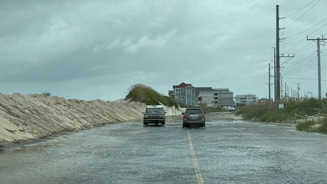 Overwash in Hatteras Island, North Carolina as Hurricane Erin's biggest impacts begin on Wednesday, Aug. 20, 2025.