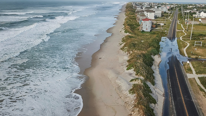 Overwash in Hatteras Island, North Carolina as Hurricane Erin's biggest impacts begin on Wednesday, Aug. 20, 2025.
