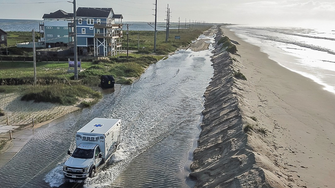 Overwash in Hatteras Island, North Carolina as Hurricane Erin's biggest impacts begin on Wednesday, Aug. 20, 2025.
