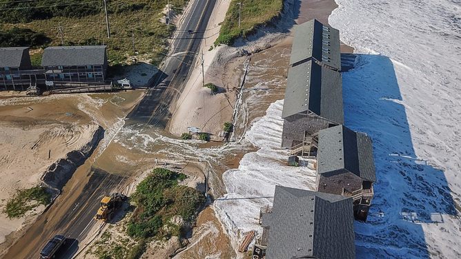 Overwash in Hatteras Island, North Carolina as Hurricane Erin's biggest impacts begin on Wednesday, Aug. 20, 2025.