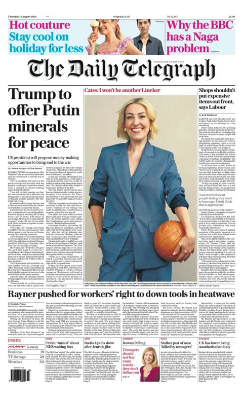The headline on the front page of the Telegraph reads: "Trump to offer Putin minerals for peace"
