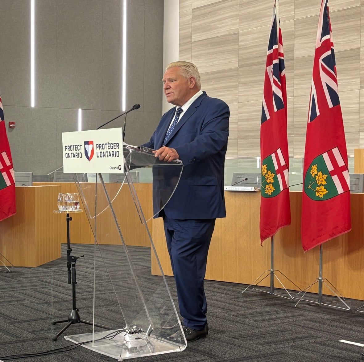 Ontario Premier Doug Ford speaking in Windsor, Ont. on Aug. 12, 2025 when he promised to introduce legislation to regulate animal testing. 
