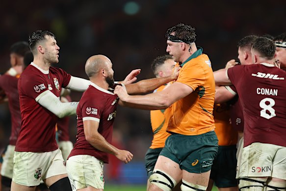 Jamison Gibson‑Park of the British and Irish Lions clashes with Nick Frost of the Wallabies  during the third test of the series