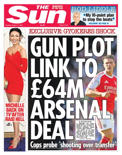 The headline on the front page of the Sun reads: "Gun plot link to £64m Arsenal deal"