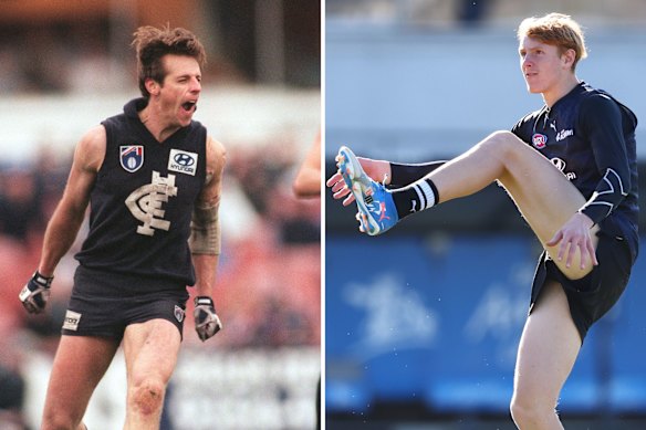 Peter Dean (left) was a reliable defender in the 1980s and 90s for Carlton, who are poised to pick up his son Harry in this year’s draft. 