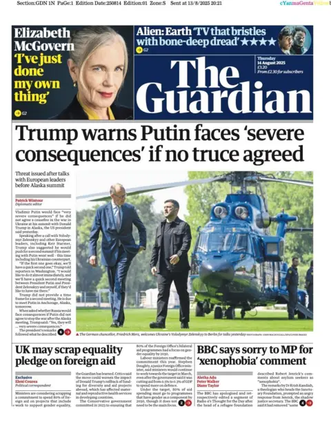 The headline on the front page of the Guardian reads: "Trump warns Putin faces 'severe consequences' if no truce agreed"