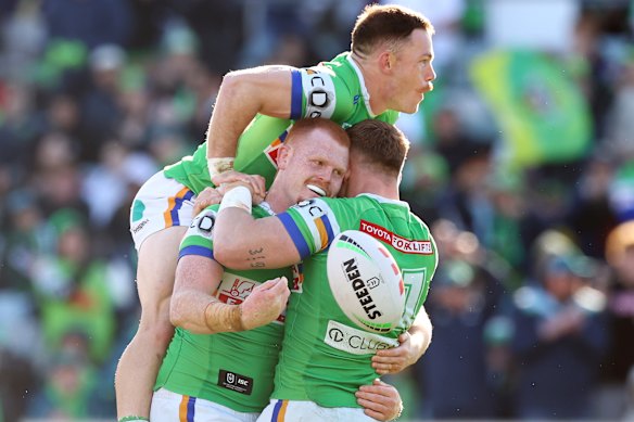 Corey Horsburgh celebrates a try for the Raiders.