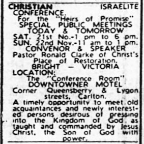 An advert for a talk by “pastor” Ronald Clarke in The Age of November 21, 1987.