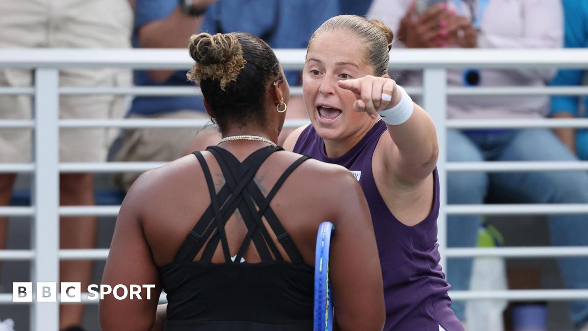 Jelena Ostapenko shouts at Taylor Townsend at the net following her straight-sets loss to the American on Court 11 at the US Open