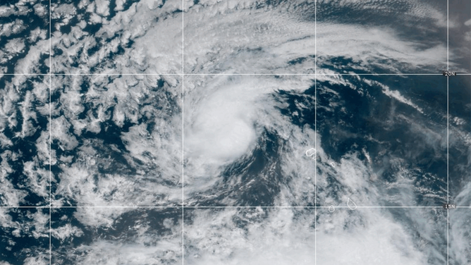Tropical Storm Erin as seen on NOAA satellite on Aug. 11, 2025.