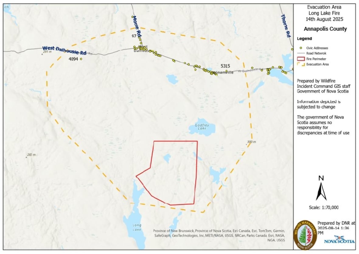 A map showing a fire perimeter and evacuation area.