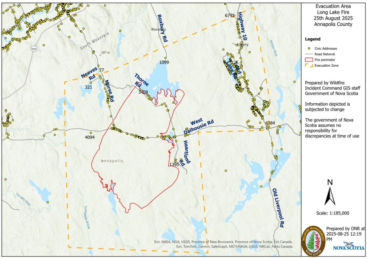 A map showing the evacuation zone and estimated fire perimeter for the Annapolis County wildfire