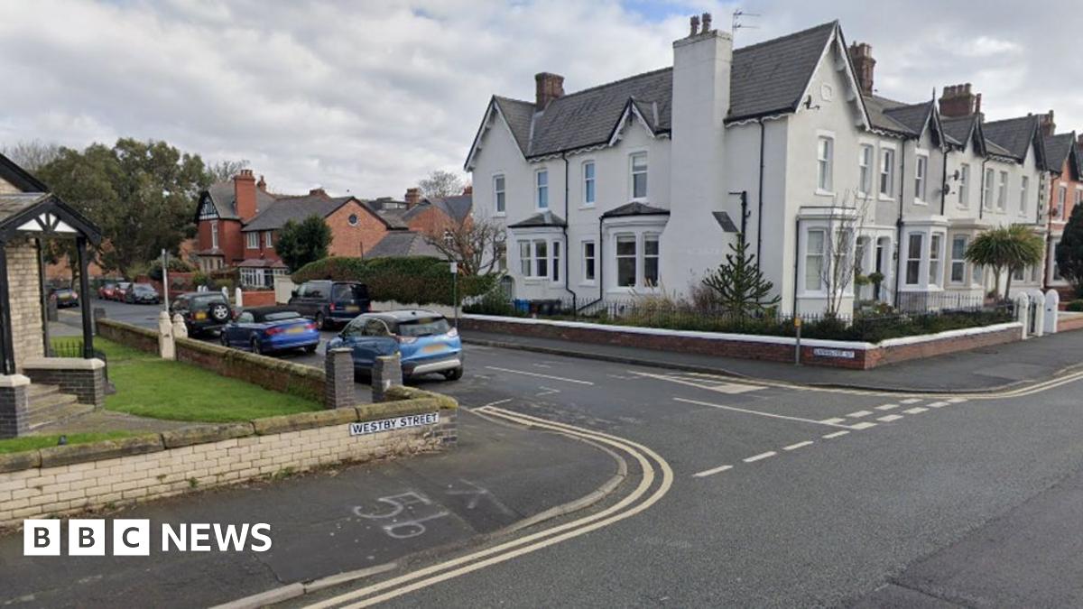 Street view image of the Westby Street and Bannister Street junction There is a large white house of the corner with bow windows nd double yellow lines round the junction