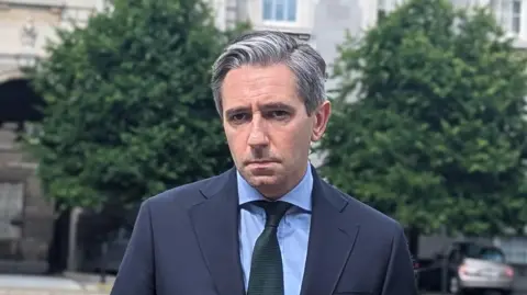 PA Media Tánaiste Simon Harris, wearing a blue shirt, dark green tie and navy suit. He has grey hair and he has a serious look on his face. Two trees and part of Dublin's Government Buildings is visible behind him.