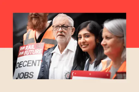 Stefan Rousseau/PA Wire Jeremy Corbyn (second left) and Zarah Sultana, MP for Coventry South (second right) on a picket line outside London Euston train station