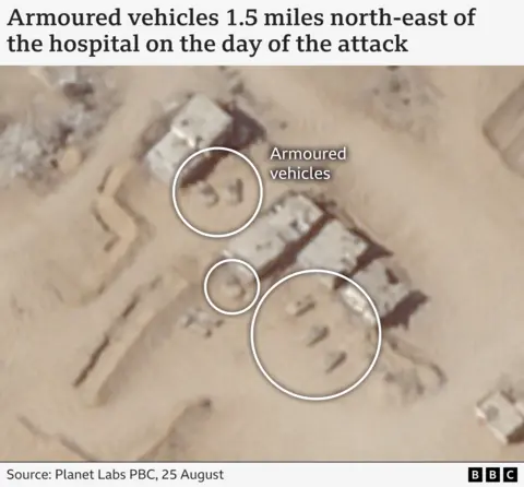 A satellite image annotated to show Israeli armoured vehicles. Six such vehicles can be seen parked in the image.