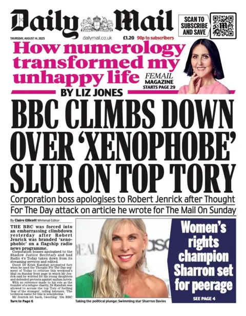 The headline on the front page of the Daily Mail reads: "BBC climbs down over 'xenophobe' slur on top Tory"