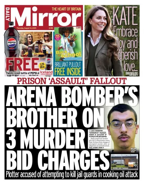 The headline on the front page of the Mirror reads: "Arena bomber's brother on 3 murder bid charges"