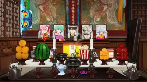 @illegalmonk_v An illustration of a traditional altar, with oranges, a watermelon, popcorn and other snacks laid out neatly on a table covered with white cloth. Perched on a higher platform in the back are portraits of the Saja Boys.