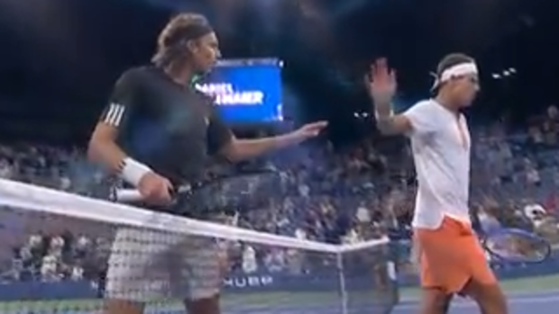 Stefanos Tsitsipas of Greece reacts against Daniel Altmaier of Germany.