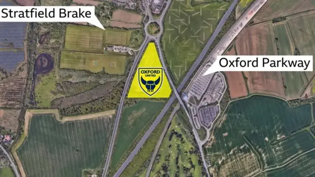 An aerial image on google maps of the site, with labels highlighting the site and the roads