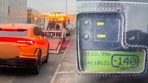 Essex Police A composite showing the back view of a bright orange Lamborghini car on the left.  It is being driven into a car transporter, which has its back lowered to allow the Lamborghini to be driven onto it. On the right is a green speedometer screen reading showing 140mph in a black case.