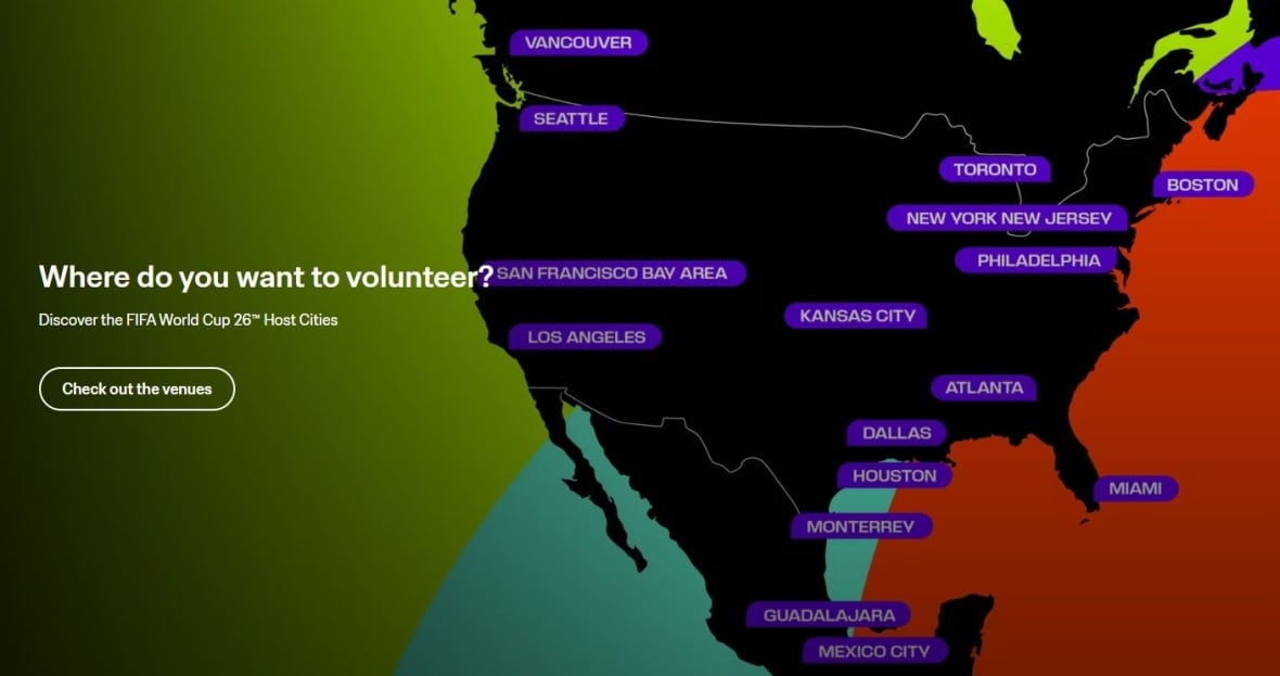 A map of the U.S. and Canada showing the major FIFA cities.