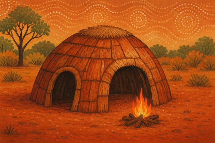 Cartoonish image of a hut with a fire, set in rural Australia, with Aboriginal art styled dot paintings in the sky.