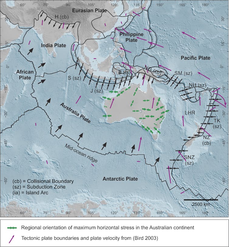 A map showing the Australian and other tectonic plates.