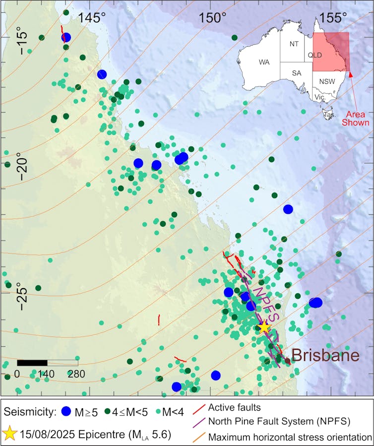 Map of southeast Queensland showing earthquake locations and stress patterns.