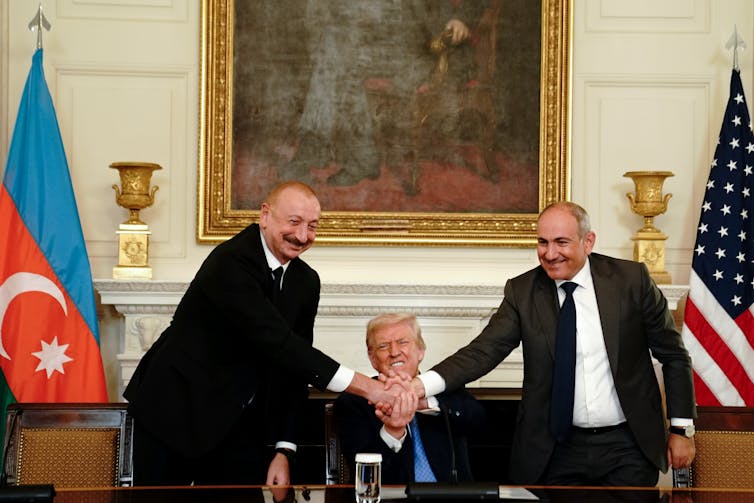 Donald Trump joins hands with Ilham Aliyev and Nikol Pashinyan.