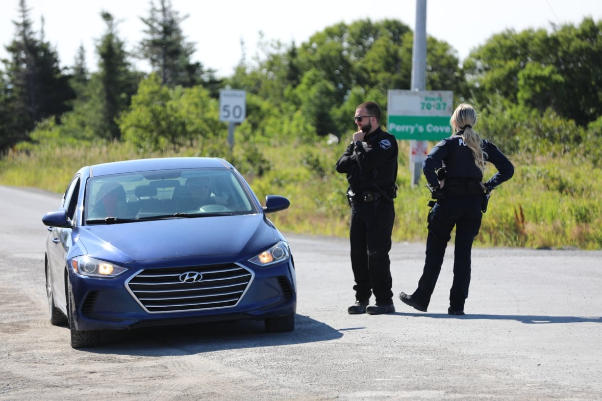 Two police officers speak with a driver in a blue car.