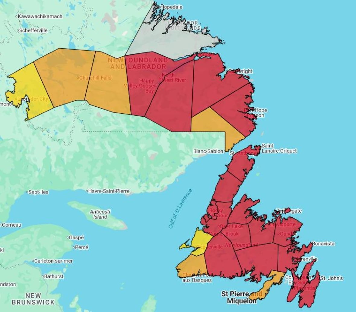 A map of Newfoundland and Labrador is divided into geographical regions. Much of the map is coloured red, indicating an extreme risk of fire. Other sections are orange and yellow, indicating high and very high fire risk.