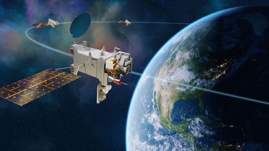 Concept art of NOAA's GeoXO weather satellite constellation.