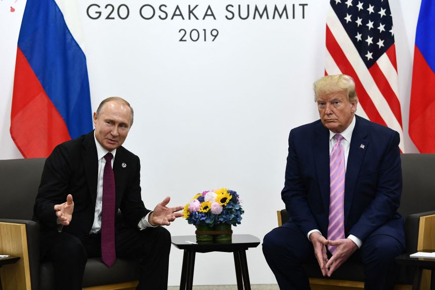 US President Donald Trump meets with Russian President Vladimir Putin during the G20 summit in Osaka on June 28, 2019.