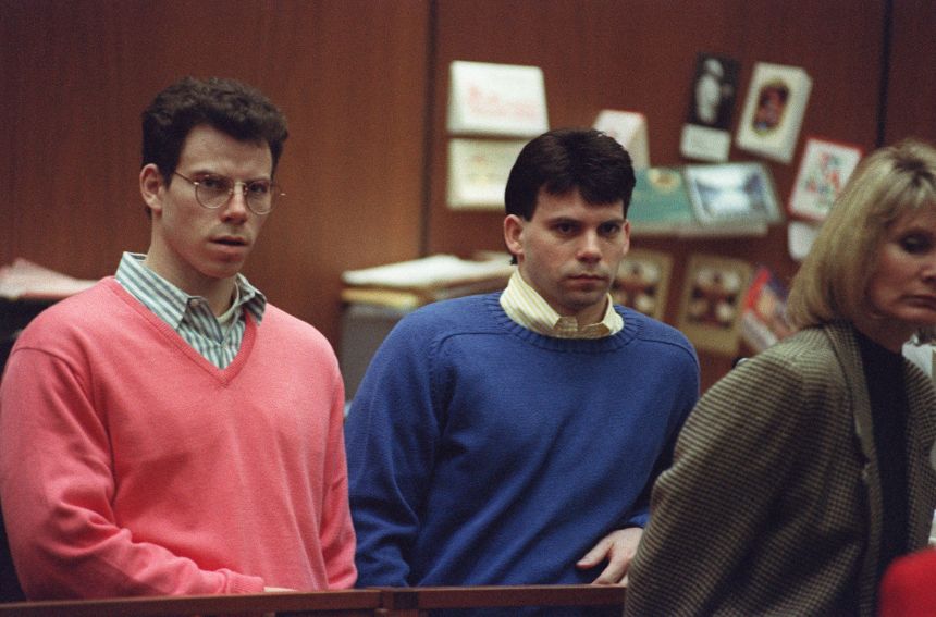 Erik (left) and Lyle Menendez listen during a pretrial hearing, in Los Angeles on December 29, 1992.