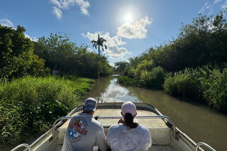 People take part in a boat tour in Everglades National Park in Florida on May 6, 2024.