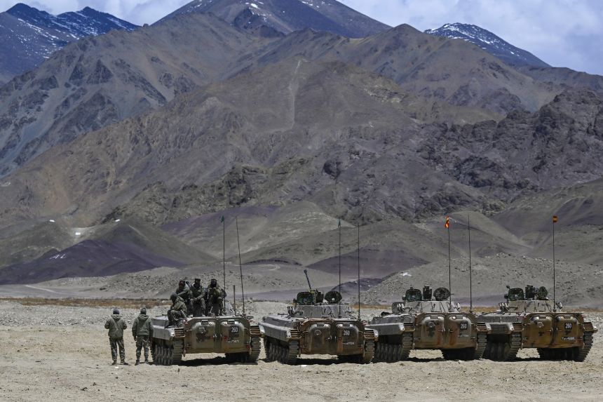 Armoured vehicles of the Indian army at a military camp in Eastern Ladakh, on May 19, 2024.