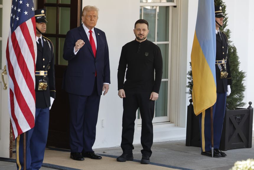 Zelensky opted to wear a black, long sleeve shirt bearing the Ukrainian trident for his February meeting with Trump.