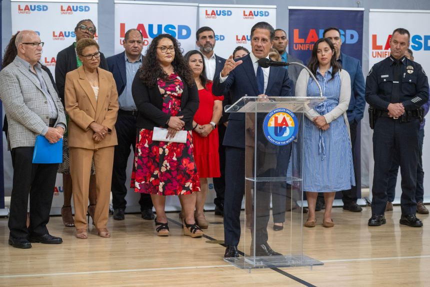 LAUSD Superintendent Alberto Carvalho speaks during a press conference at Edward R. Roybal Learning Center in Los Angeles on Monday, August 11.