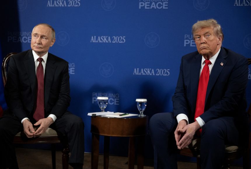 Russian President Vladimir Putin and US President Donald Trump meet at Joint Base Elmendorf-Richardson in Anchorage, Alaska, on Friday.