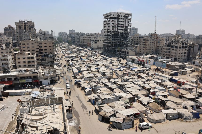 A picture taken on August 18, 2025, shows tents housing displaced Palestinians in Gaza City.