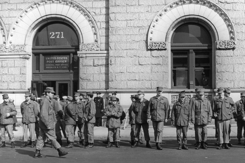 National Guard units patrol outside the main New York Post Office on March 25, 1970, after being mobilized by President Richard Nixon.