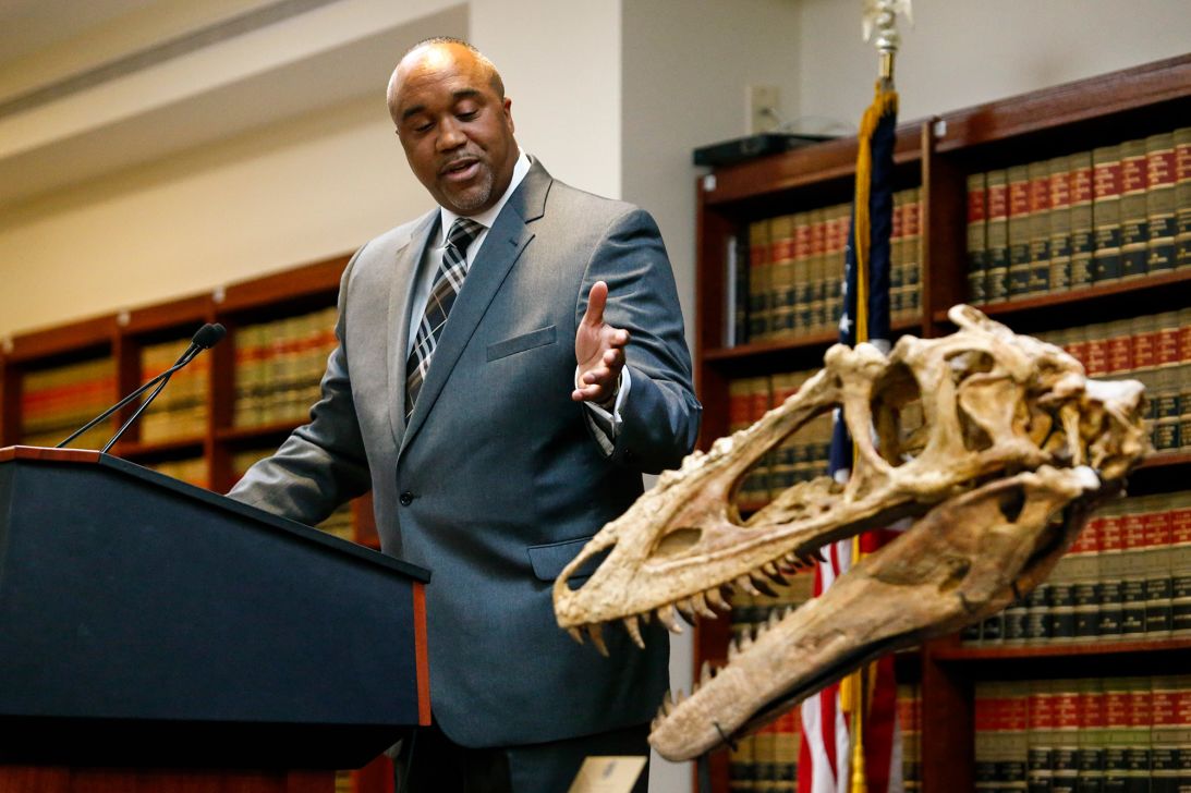 Robert Capers, then the US attorney for the Eastern District of New York, speaks at a 2016 ceremony to repatriate fossils back to Mongolia.