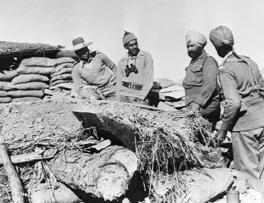 Indian officers occupying a fort on the Ladakh border during the war between India and China in 1962.