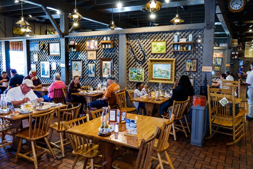 An interior of a Cracker Barrel restaurant before a remodel.