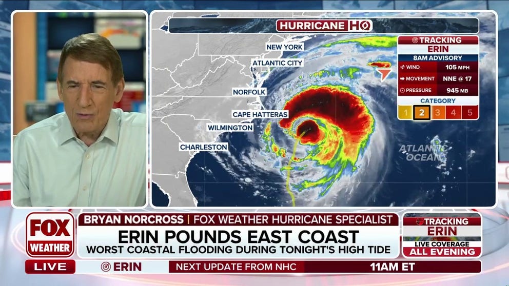 FOX Weather Hurricane Specialist Bryan Norcross provides the latest update on Hurricane Erin as it spins some 200 miles off the coast of North Carolina on Thursday morning, April 21, 2025.